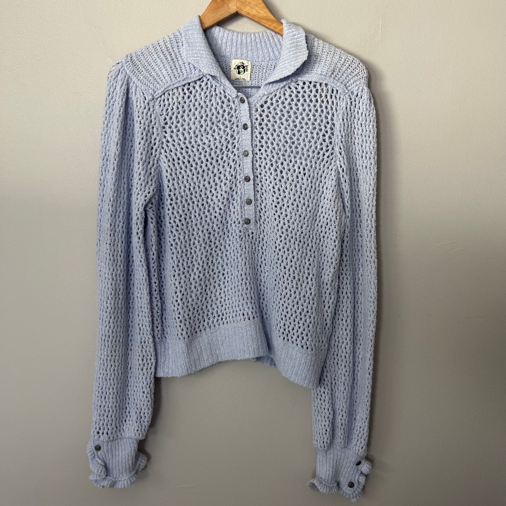 We The Free People Sweater Womens Large Blue Crochet Henley Puff Sleeve Boho
